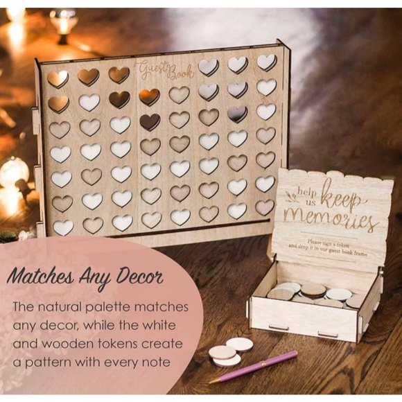 Rustic Wood Connect Four Alternative Guest Book Hearts Frame Wedding Decor ~ New - Picture 6 of 6